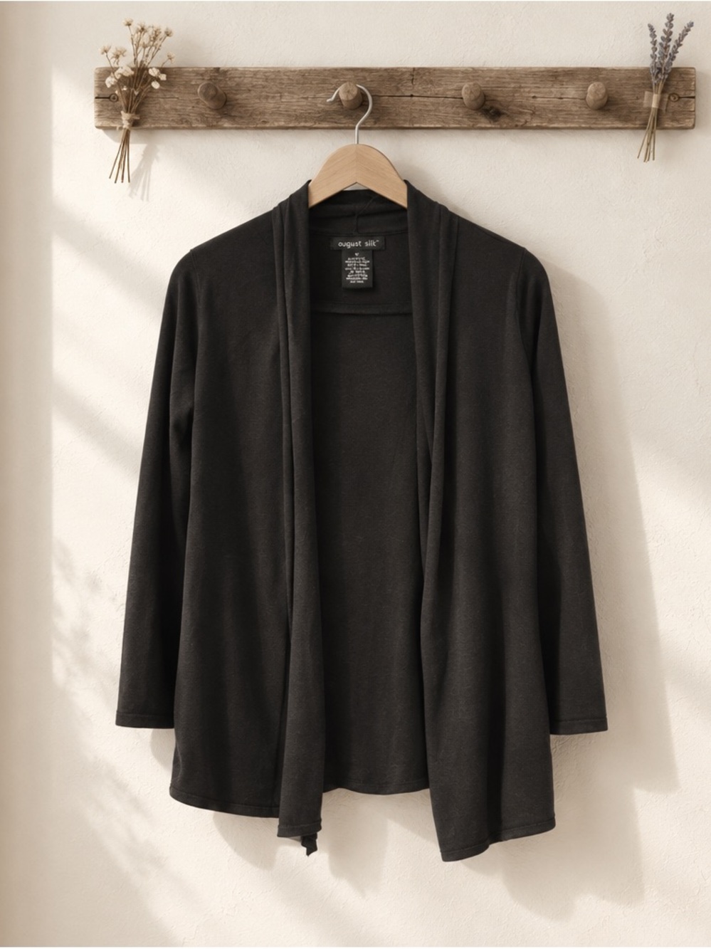 august silk Black Open Drape silk mix fabric Front Women's Cardigan